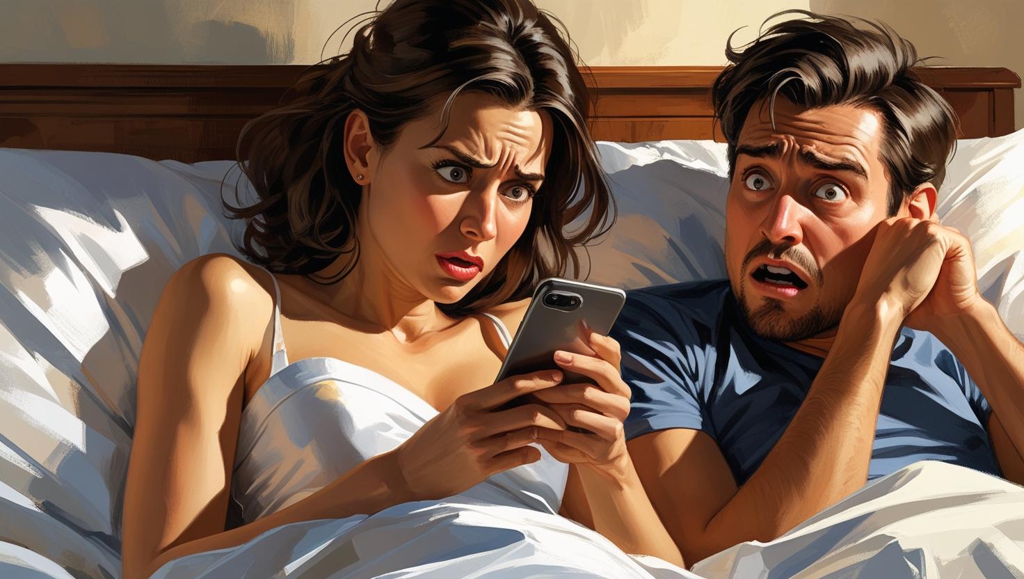 A woman looking at her phone in confusion as her equally confused husband lies next to her