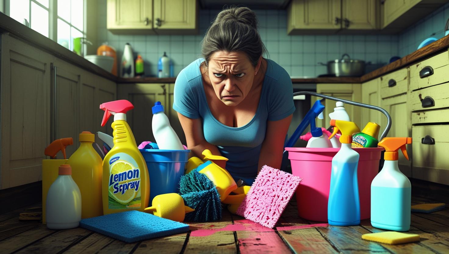 Cleaning Materials A woman kneels on the kitchen floor behind a mountain of cleaning products