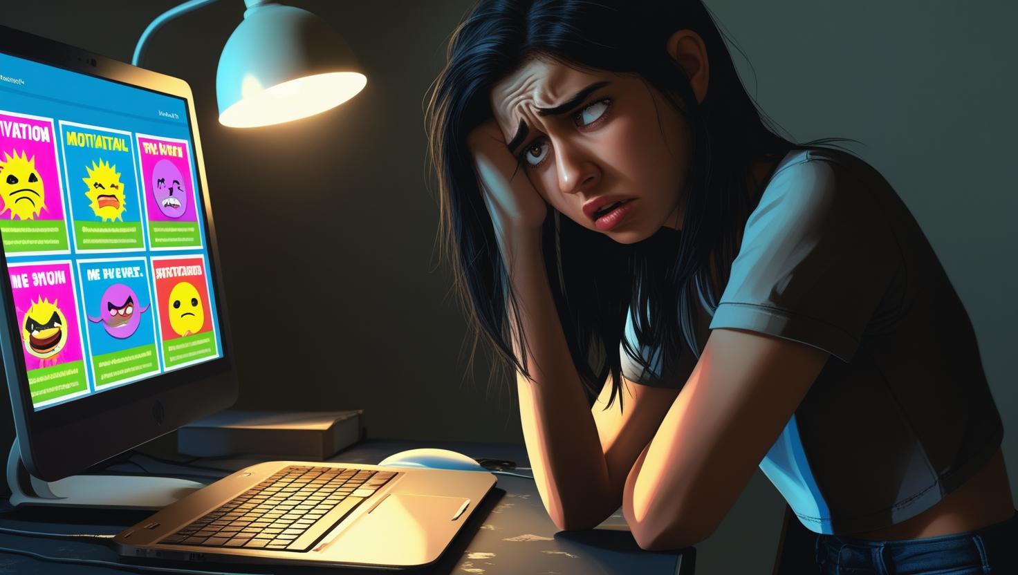 Motivational Memes A woman looks away from her computer in frustration
