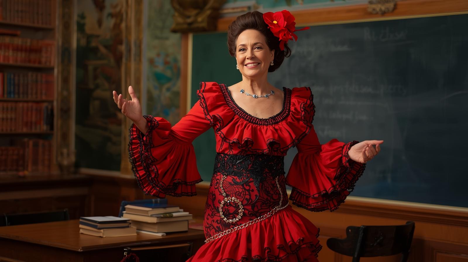 A woman dressed as a flamenco dancer teaching English.
